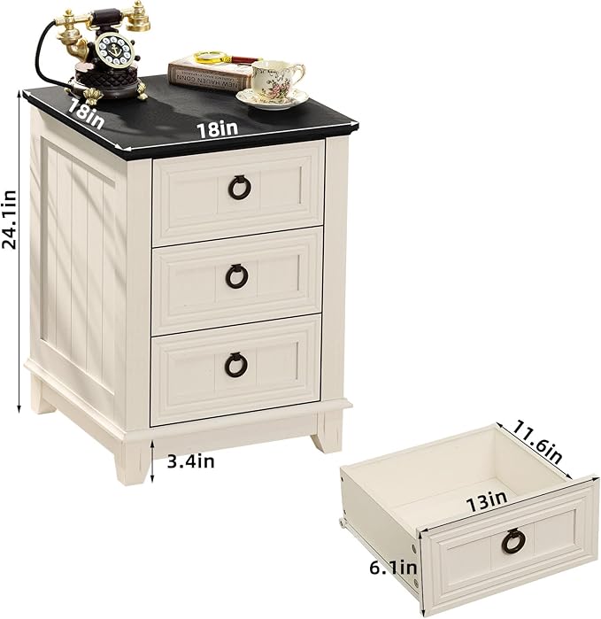 Farmhouse Night Stand Set of 2, 18" End Table with 3 Drawer Metal Handle, Dresser for Bedroom, Sofa Bed Side Table Chest of Drawers,Wood Nightstand Cabinet for Organizer, Living Room-White-Ruum Studio Home