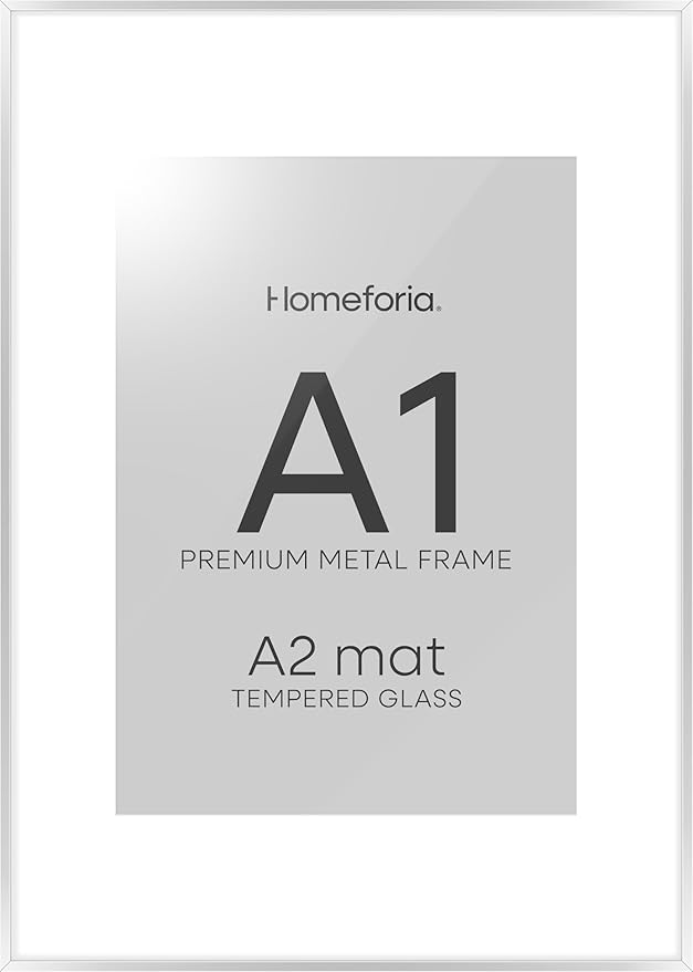 Homeforia A1 Poster Frame Silver, High End Metal A1 Large Picture Frame Silver with Mat A2 for Photo, 23.4x33.1 Frames Matted to 16.5x23.4 Print, 23.4 by 33.1 Frame, Tempered Glass, Wall Kit, Set of 1-Ruum Studio Home
