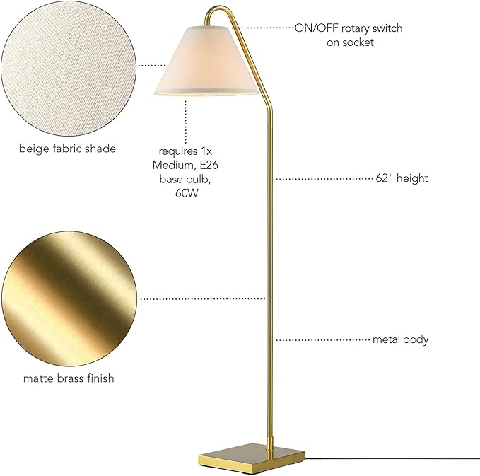 GLOBE Electric 61000147 62" Floor Lamp, Matte Brass, Beige Fabric Shade, On/Off Rotary Switch on Socket, 6-Foot Clear Cord, Reading Light, Bedroom, Living Room, Home Decor-Ruum Studio Home