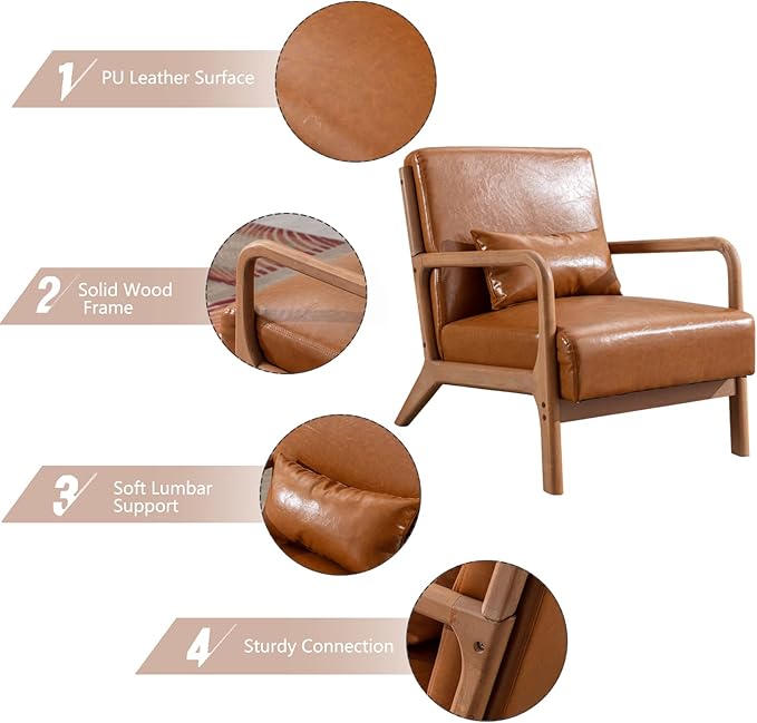 INZOY Mid Century Modern Accent Chair with Wood Frame, PU Leather Reading Armchair with Waist Cushion, Upholstered Living Room Chairs for Bedroom Sunroom (Camel)-Ruum Studio Home