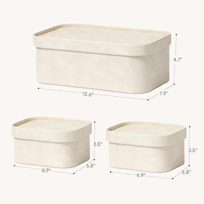 La Jolie Maison Vegan Leather Storage Boxes with Lids, Set of 3 Decorative Storage Containers Organize Stackable Storage Box, Beige-Ruum Studio Home