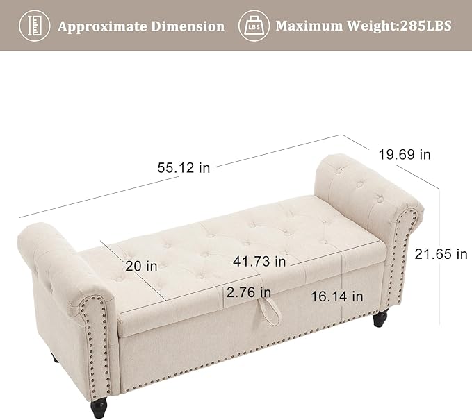 Furniliving 55” End of Bed Bench, Bedroom Bench with Button-Tufted, Large Upholstered Storage Ottoman Entryway Bench with Storage Shoe Cabinet Bench, for Bedroom, Linen, Camel-Ruum Studio Home