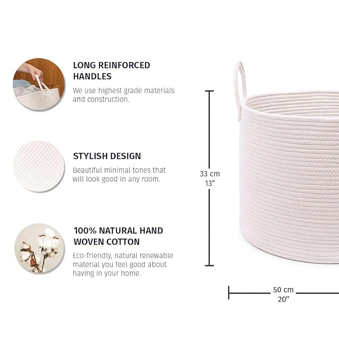 OrganiHaus Large Laundry Basket, Woven Cotton Rope Basket for Blankets, Toy Storage, Nursery Hamper, Living Room Decor Organizer, Soft & Durable Hamper with Handles, 20x13 inches - Off-White-Ruum Studio Home