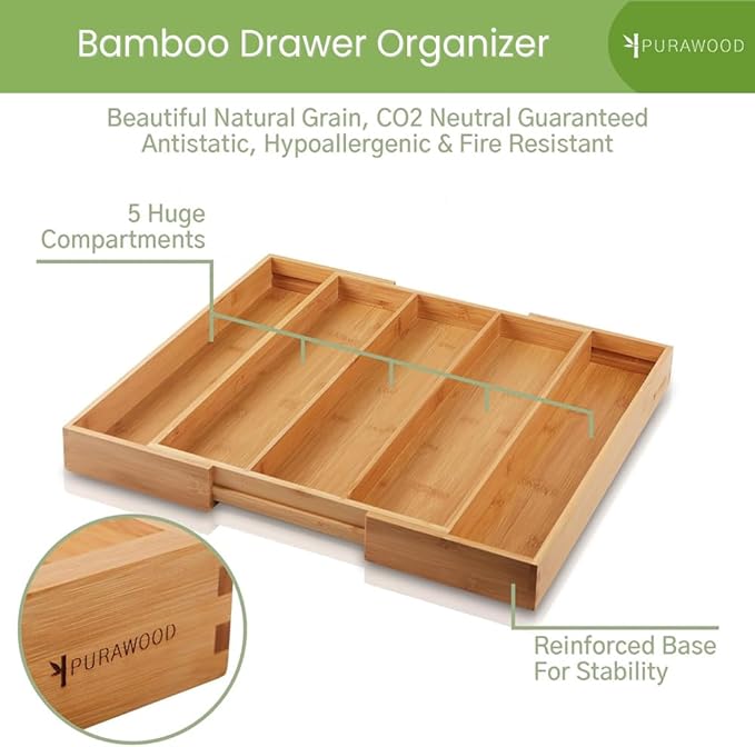 Purawood Kitchen Drawer Organizer - Expandable Utensil Drawer Organizer for Kitchen, Cutlery Tray & Silverware Organizer, 3-5 Slots - Bamboo Organizer for Utensils & Flatware (Natural)-Ruum Studio Home