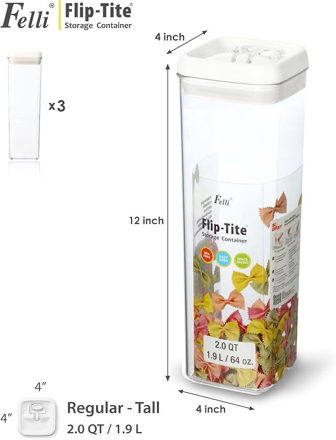 Felli Flip Tite TALL Storage Container with Lid 4" Air Tight Easy Open Ring Top, Clear Acrylic Skinny Canister Jar for Spaghetti Lasagna Fettuccine Noodle, Kitchen Cupboard Pantry Organizer (2.0 qt)-Ruum Studio Home