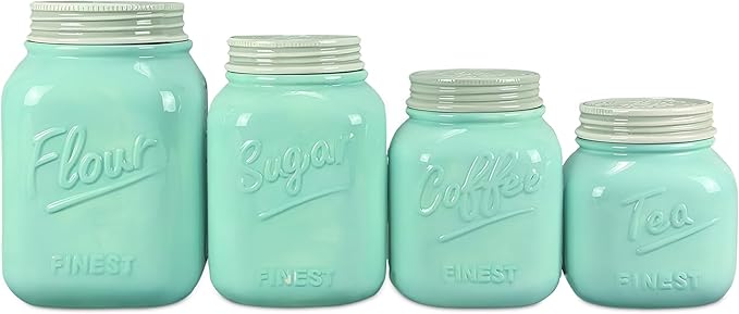 Young's Inc. 4 Pcs Set Vintage Ceramic Canisters- Storage Container for Kitchen and Bathroom - Beautiful Home Decor Accent to Store Food, Coffee, Tea, and More - Sky Blue-Ruum Studio Home