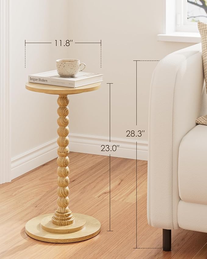 Masupu Round Side Table, Small End Table for Small Spaces, Pedestal Drink Table with Solid Wood Leg for Living Room, Bedroom, Corners(Natural)-Ruum Studio Home
