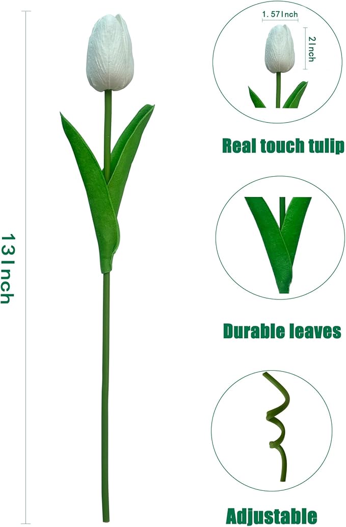 15pcs White Tulips PU Artificial Flowers Real Touch Fake Tulips for Spring Easter Home Kitchen Wedding Bouquet Bulk Mother's Gift Day Decorations-Ruum Studio Home