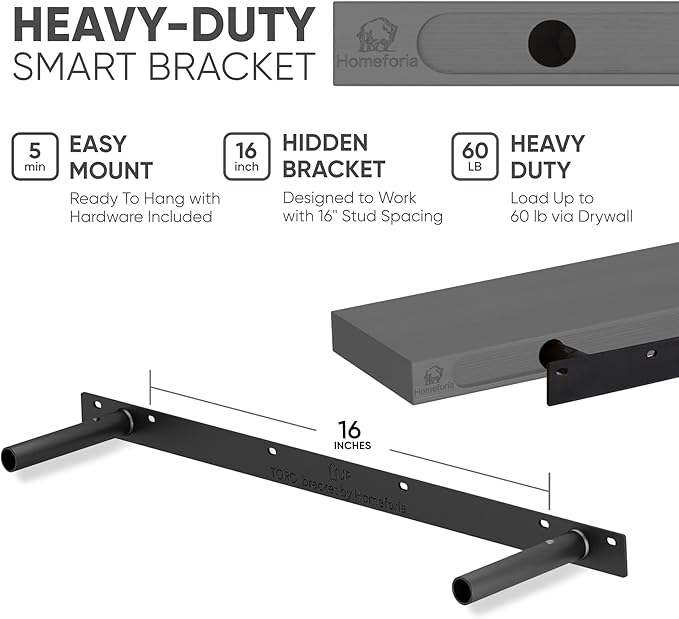 Homeforia Gray Floating Shelves for Wall, Premium Solid Wood Grey Shelf, Grey Bathroom Shelves, Heavy Duty Bracket, 30 x 6.5 x 1.75 inch, Set of 2-Ruum Studio Home