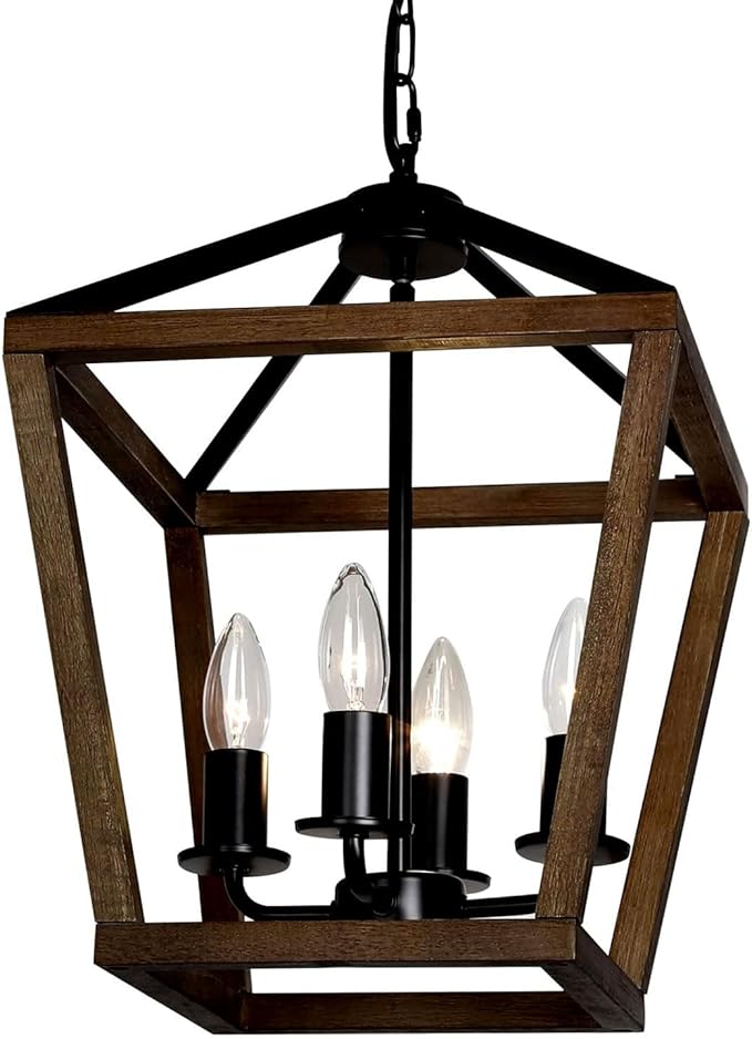 4-Light Lantern Pendant Light,Black Wood Cage Farmhouse Chandelier for Kitchen Island,12'' Rustic Metal Geometric Hanging Lighting Fixture for Kitchen Island Dining Room Bedroom Foyer Entry-Ruum Studio Home