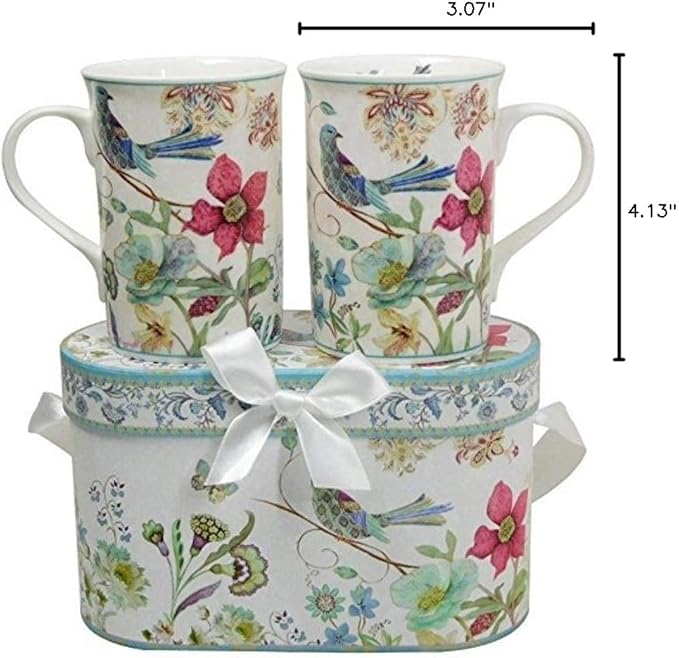 Lightahead Elegant Bone China Two Coffee Mugs set in Blue bird design 11.2 oz each cup in attractive gift box-Ruum Studio Home