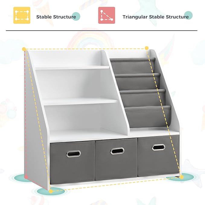 Kids Bookshelf, Kids Toy Storage Organizer with Storage Bins, Wooden Bookshelf and Book Display Shelf for Bedroom, Playroom, Nursery, Classroom, White-Ruum Studio Home