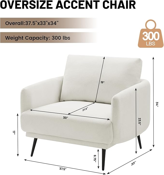 Oversized Accent Chair Set of 2 for Living Room Chairs Reading Arm Chair Comfy Modern Single Sofa Side Chairs with Metal Legs & Soft Cushion for Bedroom, Balcony,Waiting Room (Polyester, Pearl White)-Ruum Studio Home