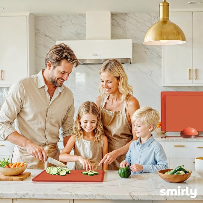 SMIRLY Plastic Cutting Board Set with Holder 3 Pieces, Non-Slip Dishwasher Safe Chopping Boards for Kitchen, Orange-Ruum Studio Home