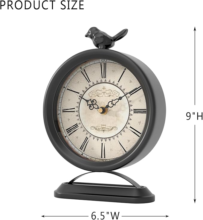 Vintage Table Clock with Bird, European Antique Style Black Mantel Clocks, Desk and Shelf Decor Clock, for Farmhouse, Bedside, Living Room, Bedroom, Gift (9" H x 6.5" W)-Ruum Studio Home