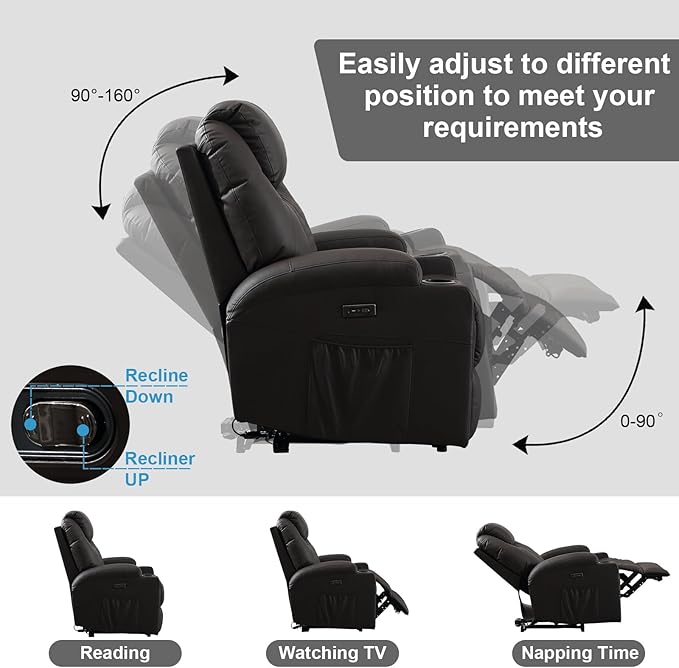 Power Recliner Chair with Heat and Massage, PU Leather Home Theater Seating with LED Lights/Cup Holders/Side Pocket/USB Port, Reclining Sofa Chair for Living Room (1, Brown)-Ruum Studio Home