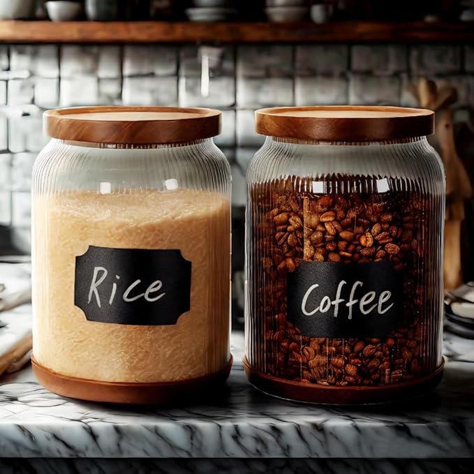SAIOOL 2-Pack Striped Borosilicate Glass Airtight Canisters - Big mouth Large Capacity, Acacia Wood Lid, Food Storage Jars for Flour, Pasta, Pantry Organization (3/4 Gallon （2 Striped pack）)-Ruum Studio Home