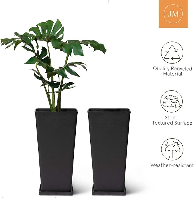 LA JOLIE MUSE 26 inch Tall Black Planters for Outdoor Plants,Set of 2 Tapered Planters with Trays,V-Shape Rectangular Garden Planters for Front Door, Patio and Deck-Ruum Studio Home