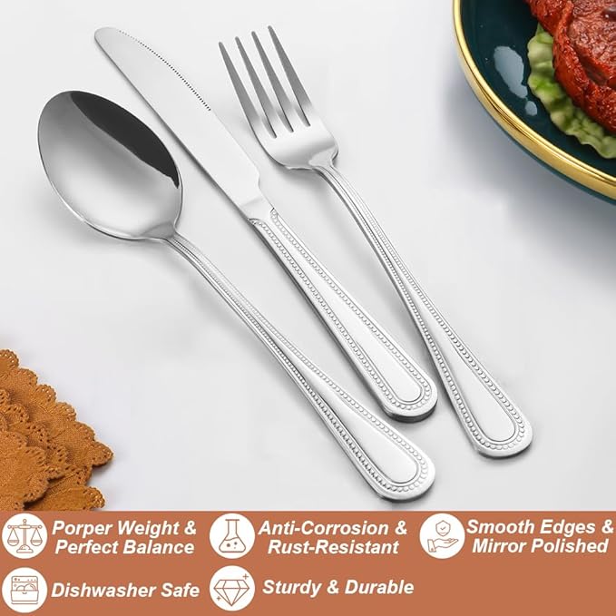 40 Pcs Silverware Set for 8 with Pearled Edge Handle design, Food Grade Stainless Steel Flatware Set, Eating Utensils Sets Include Fork/Knife/Spoon, Reusable Cutlery Set, Dishwasher Safe-Ruum Studio Home