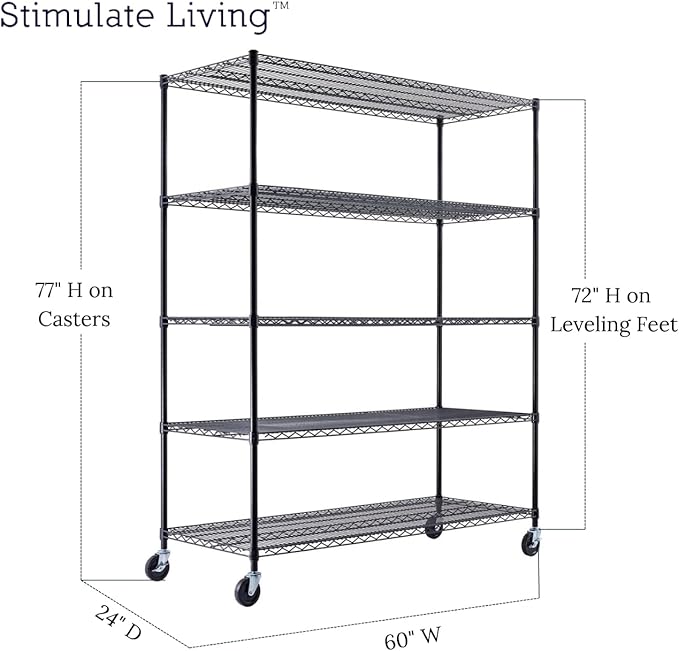 60"x24"x72" PRIME HEAVY DUTY Black 5-Tier Wire Shelving NSF 3000 LBS MAX Capacity Storage Rack for Commercial, School, Home, Garage, Warehouse, Industrial, and Hospital Uses (with Wheels)-Ruum Studio Home