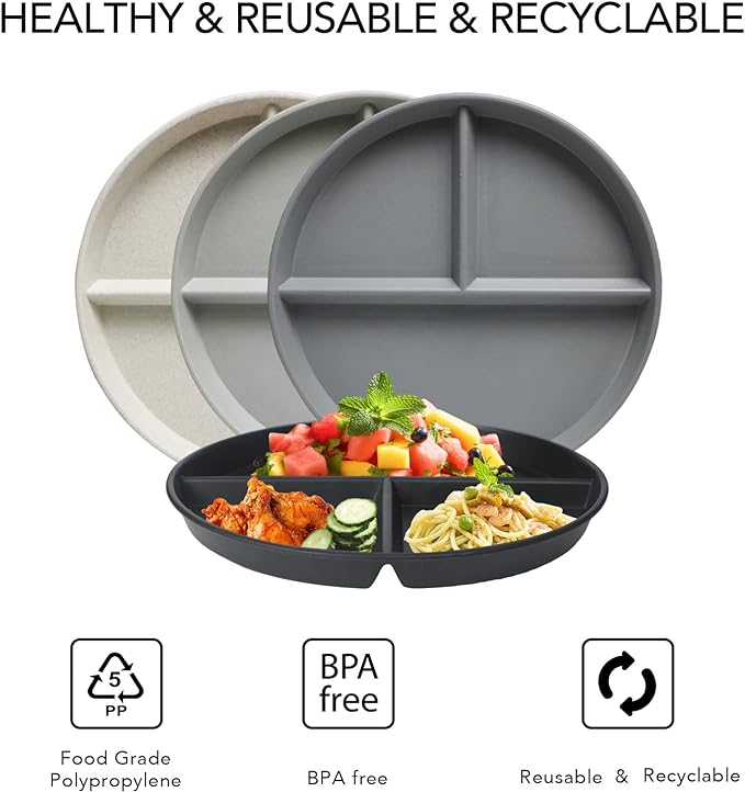 greenandlife 9 Inch (4PCS) Unbreakable Divided Plates for Kids Adults, Dishwasher & Microwave Safe Compartment Plate, Lightweight Reusable Plastic Portion Control Plates, BPA Free and Healthy-Ruum Studio Home