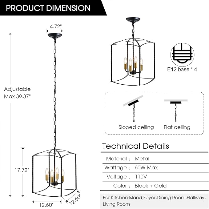 Farmhouse 4 Lights Pendant Light, Industrial Black Lantern Chandelier with E12 Gold Base Metal Cage Rustic Geometric Hanging Light Fixtures for Kitchen Island Foyer Entryway Dining Room-Ruum Studio Home
