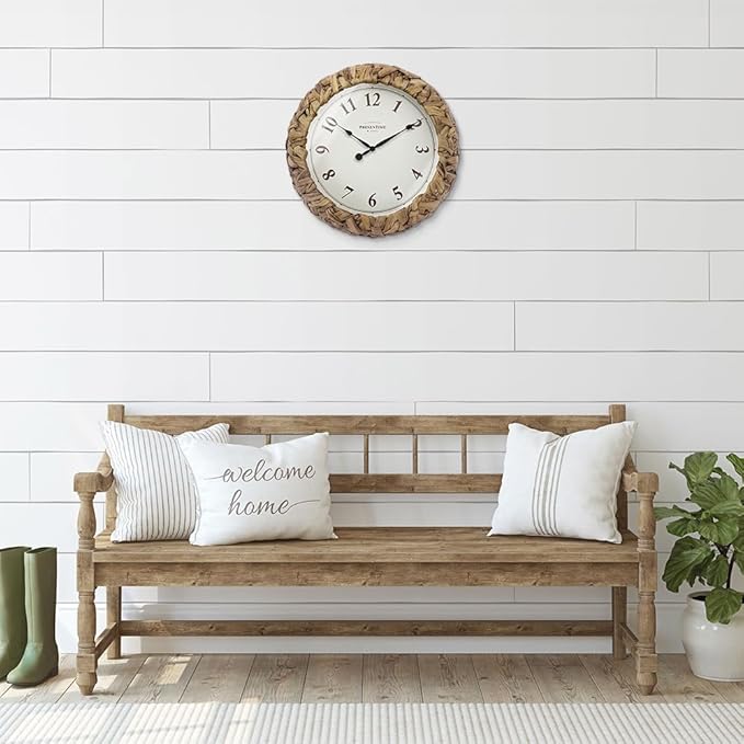 Presentime & Co. Farmhouse Series, Rustic Woven Clock, 12.6 inch, Natural Woven Water Hyacinth/Sea Grass. Wall Sculpture, Wall Art and Timepiece for Home Decoration/Decoration/Farmhouse Décor-Ruum Studio Home