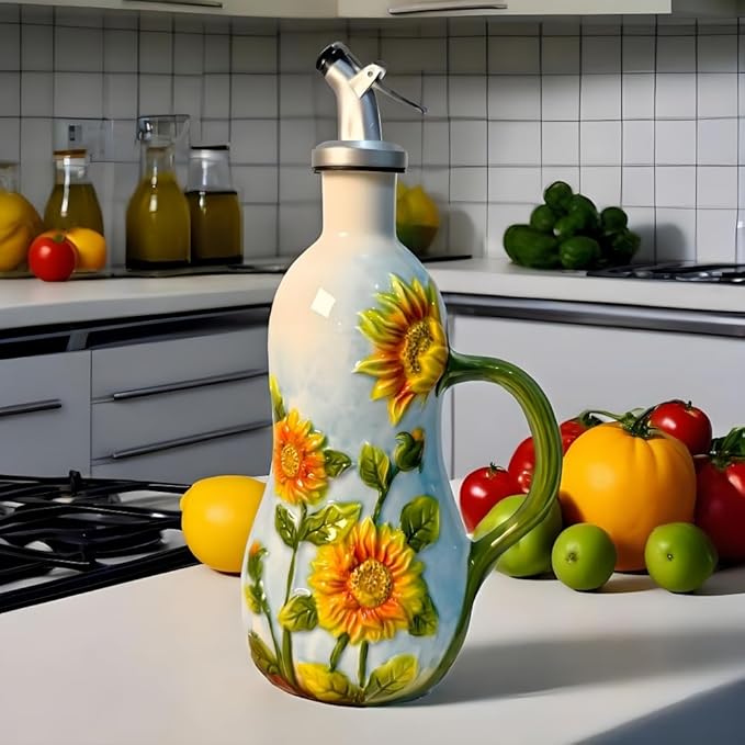 18.26oz/540ml Ceramics Olive Oil Dispenser Bottle,Hand Painted Reliefs Oil Dispenser for Kitchen,Oil Bottles for Kitchen (Sunflower)-Ruum Studio Home