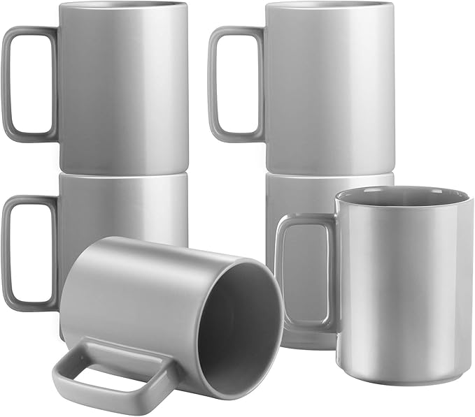 E-liu Porcelain Tea Mugs Coffee Mug Set, Large 15 Ounces Cups for Coffee, Tea, Cocoa, and Mulled Drinks, Set of 6, Grey-Ruum Studio Home