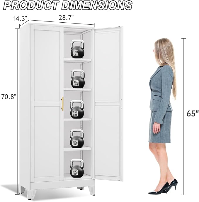 Metal Pantry Cabinet with 2 Doors and Adjustable Shelves - 71" Kitchen Storage Cabinet with Gold Handles - Versatile Storage for Kitchen, Bathroom, Dining Room, Utility Room - White-Ruum Studio Home