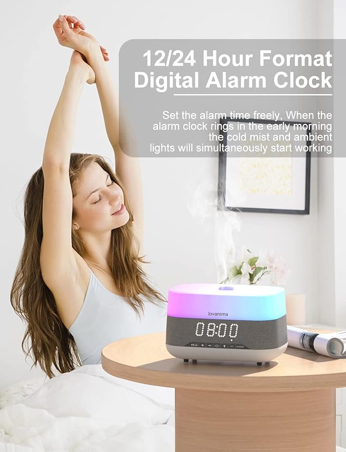 Versatile Essential Oil Diffuser, 300ml Aroma Diffuser with Bluetooth Speaker and Alarm Clock, 7 Colors LED Light Aromatherapy Diffusers & Cool Mist Humidifier 3-Level Brightness, Auto-Off Protection-Ruum Studio Home