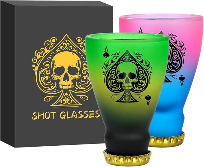 Spades Skull Pattern Glass Shot Glasses, Unique Wine Bottle Shot Glass, 43ml Shot Cups Set of 2 with Gift Box for Alcohol Shots, Vodka, Expresso, Tequila & Dessertsor, Gothic Christmas Gift-Ruum Studio Home
