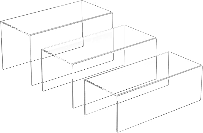 Clear Display Risers Shelf 3pcs, Countertop Rectangular Acrylic Display Storage Organizer, Acrylic Stands for Funko Pop Figure, Cosmetics, Bags, Shoes, Toys, Collectibles - 12- 4'', 5'', 6''-Ruum Studio Home