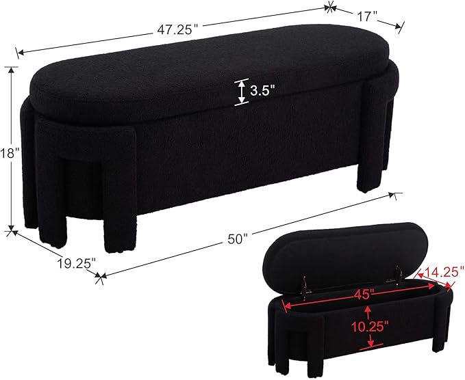 Modern Upholstered Storage Bench, Sherpa Fabric 50" Long Entryway Bench with Storage and Seating, Comfy Cute Ottoman Bench for Living Room/End of Bed/Hallway, Black-Ruum Studio Home