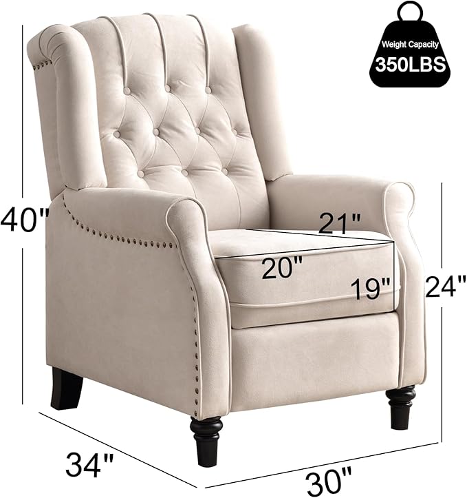 EBELLO Pushback Recliner Chair, Fabric Armchair Push Back Recliner with Rivet Decoration, Mid Century Wingback Accent Chair for Living Room, Bedroom, Beige-Ruum Studio Home