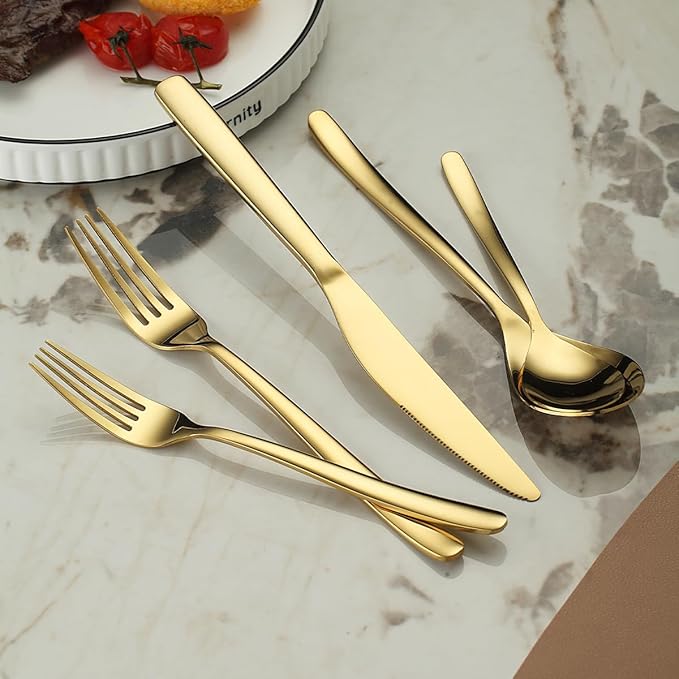 Berglander Gold Silverware Set 60pcs Service for 12, Golden Titanium Plating Stainless Steel Flatware Set, Gold Spoons Forks Knives Set for Home, Wedding, Restaurant, Hotel, Dishwasher Safe-Ruum Studio Home
