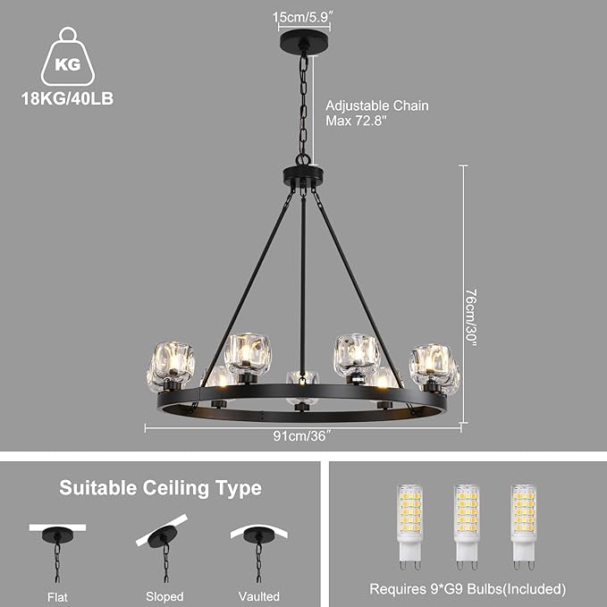 Black Wagon Wheel Chandelier, 36 Inch Black Chandeliers with Unique Glass Shade, 9-Light Crystal Farmhouse Wagon Wheel Chandeliers for Dining Room, Round Chandelier for Living Room, Foyer, Entryway-Ruum Studio Home