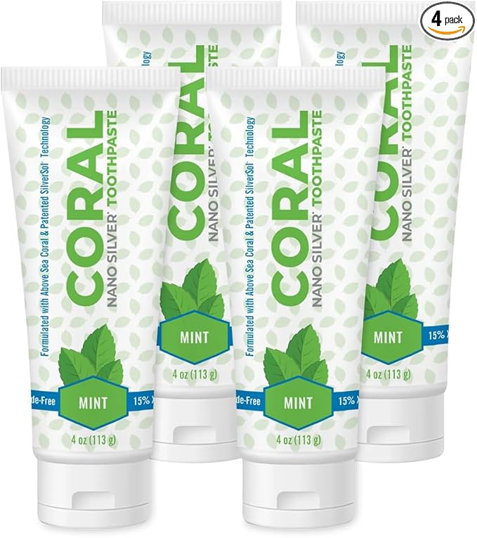 Coral White Nano Silver Mint Toothpaste, Natural Fluoride Free Teeth Whitening Toothpaste, Coral Calcium Nano Silver Infused SLS, Glycierin Free 4 Ounce (4 Pack)-Ruum Studio Home
