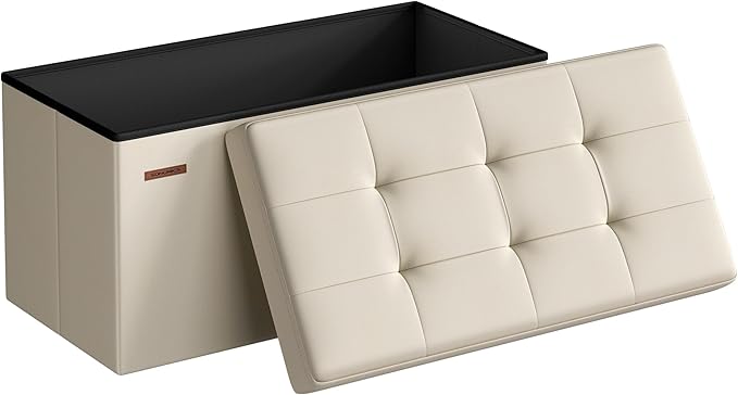 SONGMICS MAZIE Collection - 30 Inches Folding Storage Ottoman Bench, Ottoman Foot Rest, End of Bed Bench, Storage Chest, Load 660 lb, for Living Room, Bedroom, Entryway, Cream White ULSF47BE-Ruum Studio Home