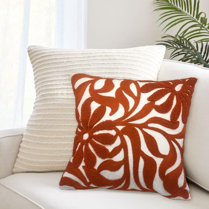 Alysheer Farmhouse Floral Leaves Embroidered Decorative Throw Pillow Cover 18x18 inches, Boho Tufted Flowers Embroidery Pattern Chic Cotton Cushion Case for Couch Bed Sofa Living Room(Burnt Orange)-Ruum Studio Home