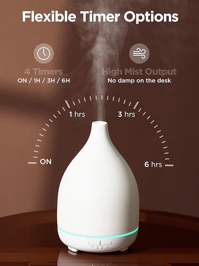 InnoGear Oil Diffuser, 300ML Ceramic Diffuser for Essential Oils Handcrafted Aromatherapy Diffuser Ultrasonic Cool Mist Humidifier with 4 Timers Waterless Auto Off for Room Office, White Base-Ruum Studio Home