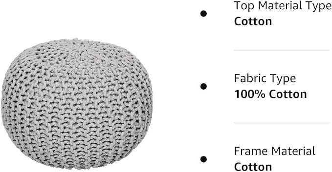 REDEARTH Round Boho Pouf Ottoman - Cable Knitted Cord Boho Pouffe - Stuffed Poof Accent Beanbag Footrest for Living Room - Nursery - Bedroom - Covered Patio - Study Nook (19.5"x19.5"x14") - Gray-Ruum Studio Home