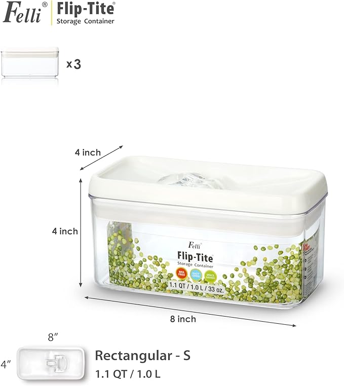 Felli Flip Tite Food Storage Container with Lid 4” RECTANGLE Airtight Ring Flip Lock Top, Stackable Acrylic Canister Set for Kitchen Fridge Pantry Organizer, Veggie Fruit Tea Bag Snack (1.1 qt)-Ruum Studio Home