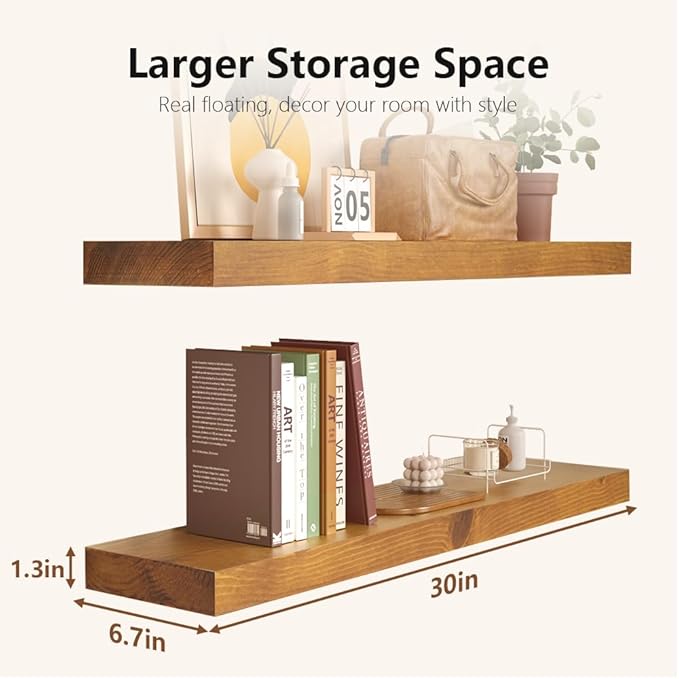 Habudda Floating Shelves, Wall Shelf for Bathroom Bedroom Kitchen, Natural Pine Real Wooden Shelves, Wall Mounted, 100% Pine, Set of 2, 30 Inches Long, Honey Oak-Ruum Studio Home