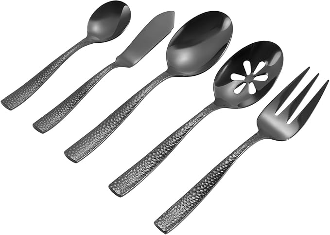 Stainless Steel Silverware Serving Set Hammered Black Mirror Finished 5 Piece Serving Utensil Set Flatware Set-Ruum Studio Home