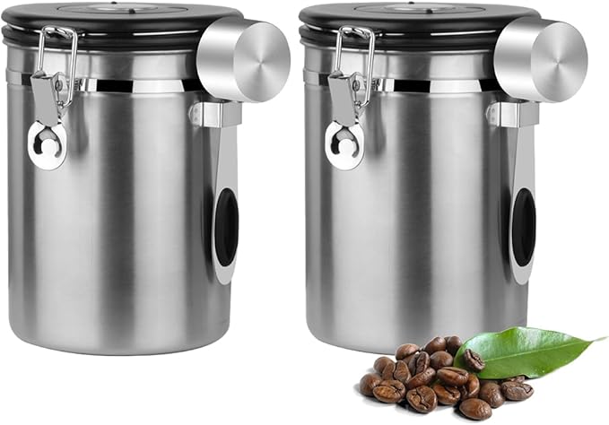 Coffee Canister Airtight Storage Container Stainless Steel Air Tight Coffee Jar with Scoop, Date Tracker CO2 Release Valve for Dry Food, Beans, Ground, Tea, Flour, Cereal and Sugar (1.8L-Silver-2pcs)-Ruum Studio Home