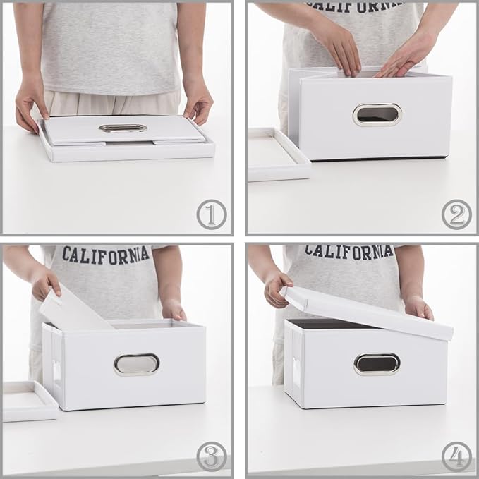 PRANDOM Collapsible Storage Box with Lid [3-Pack] Leather Fabric Foldable Storage Bin Organizer Container Basket Cube with Cover for Home Bedroom Closet Office Nursery White(13.6x9.6x6.9)-Ruum Studio Home