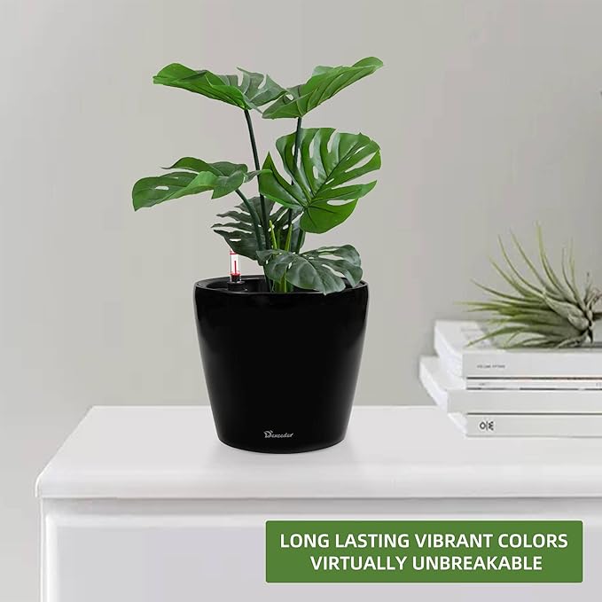 Dexceder 9x8 Inches High Gloss Self Watering Planter Indoor Outdoor, Inner Pot Design, Thickened Table Flower Plant Pot with Water Level Indicator (Black)-Ruum Studio Home