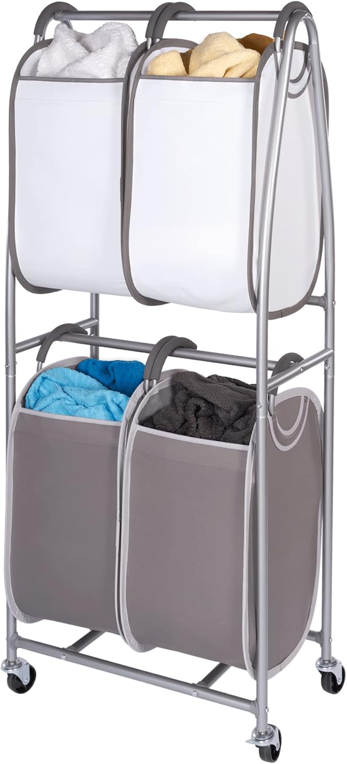 Neatfreak - 2 Tier Vertical Rolling Laundry Cart - Rolling Storage Cart On Wheels With 4 x Tote Hampers For Laundry, Towels, Blankets & Bathroom Organization - Quad Laundry Sorter-Ruum Studio Home