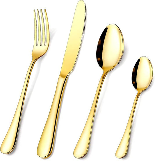 Gold Silverware Set, OGORI 24-Piece Food Grade Stainless Steel Gold Flatware Set, Kitchen Utensil Set Service for 6, Mirror Polished Tableware Cutlery Set for Home and Restaurant, Dishwasher Safe-Ruum Studio Home